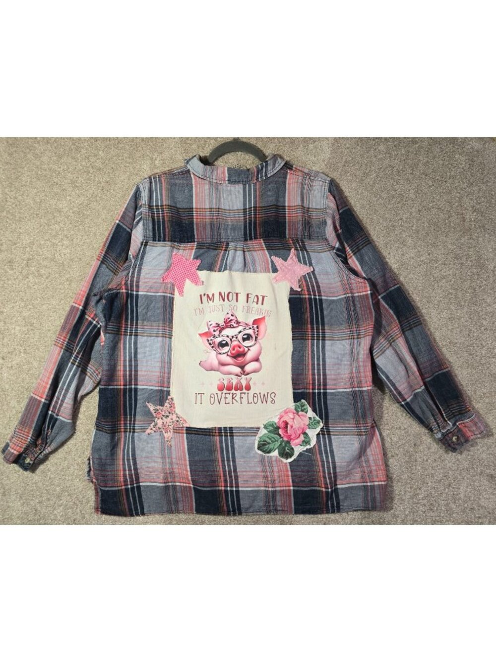 OOAK Upcycled Shacket Sexy Overflows Pink Pig Graphic Cotton Wearable Art 2XL